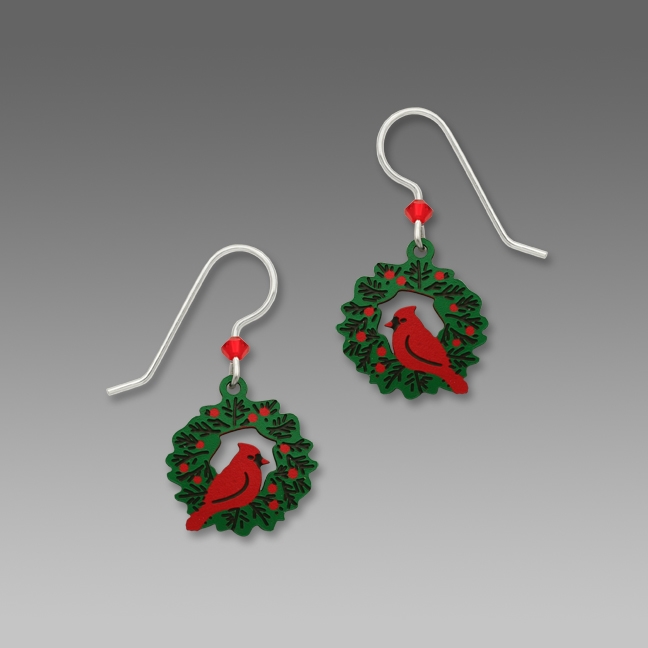 Sienna Sky Earrings-Red Cardinal Sitting on a Christmas Wreath