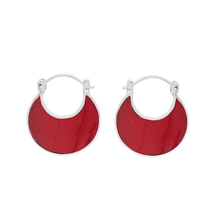 Sterling Silver Hoops Earrings- Red Coral