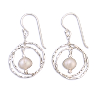 Sterling Silver  Earrings- Bamboo Circles with Freshwater Pearl