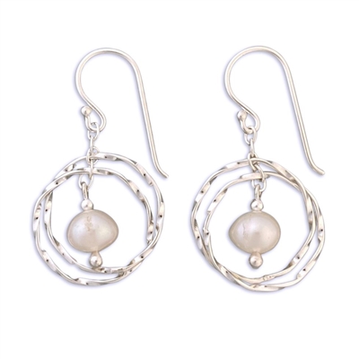 Sterling Silver  Earrings- Bamboo Circles with Freshwater Pearl