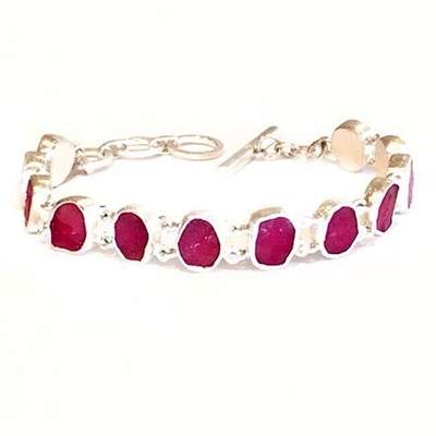 Sterling Silver Link Bracelet- Rough Cut Ruby