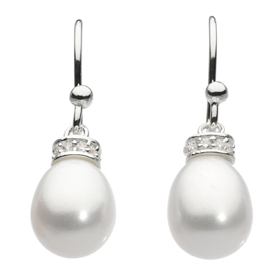 Sterling Silver Drop Earrings- Freshwater Pearl with Cubic Zirconia