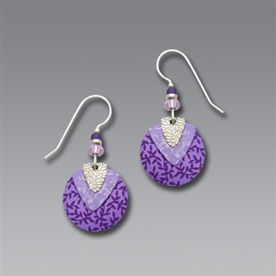 Adajio Earrings - Purple Disc & Lavender Shield with Shiny Silver Tone Leaf Overlay