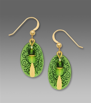Adajio Earrings - Apple Green Berries & Vines Etched Oval with Bead Drop