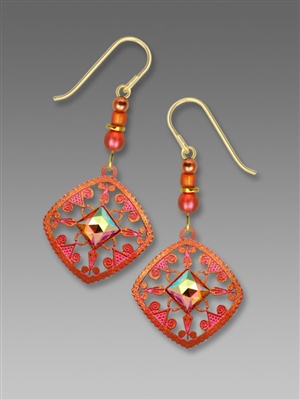 Adajio Earrings - Bright Bronze & Coral Filigree with Faceted Square Cabochon