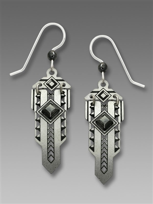 Adajio Earrings - Hinged Metal Art Deco Style 'Sword' with Hematite Diamond-Shaped Faceted Cabochon