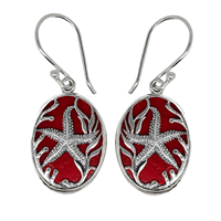 Sterling Silver Earrings- Red Coral with Starfish Design