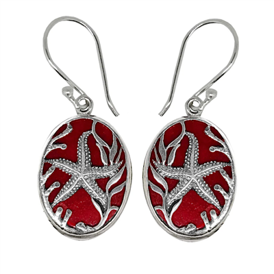 Sterling Silver Earrings- Red Coral with Starfish Design