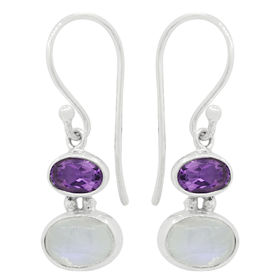 Sterling Silver  Drop Earrings- Amethyst & Rainbow Moonstone