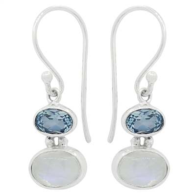 Sterling Silver  Drop Earrings- Blue Topaz & Rainbow Moonstone