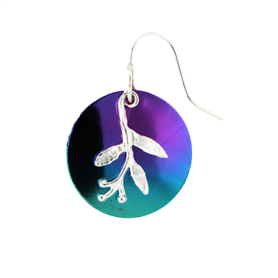 Circled Berry Leaf Earring- Sterling Silver & Niobium