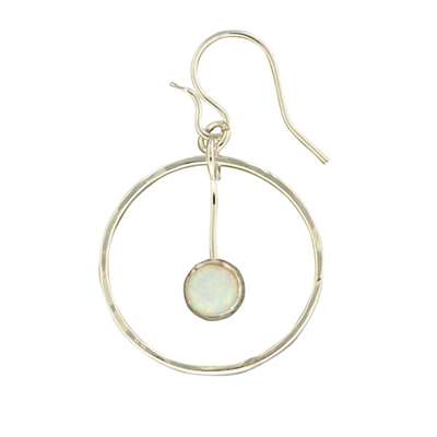 Hammered Circle Earring with Opal Drop- Sterling Silver