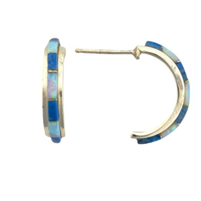 Sterling Silver Denim Lapis Inlay Post Earrings- Half Hoop