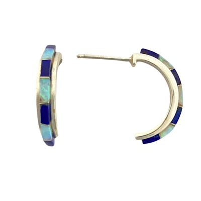 Sterling Silver Lapis Inlay Post Earrings- Half Hoop