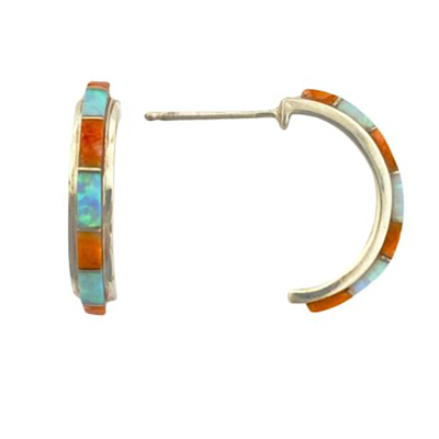 Sterling Silver Spiny Oyster Inlay Post Earrings- Half Hoop