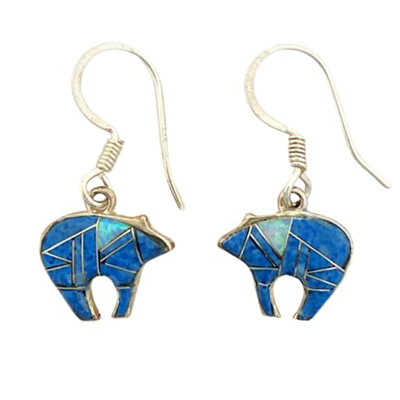 Sterling Silver Bear Dangle Earrings-Denim Lapis & Opal Inlay