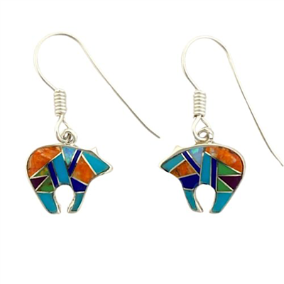 Sterling Silver Dangle Bear Earrings- Multi Stone & Opal Inlay