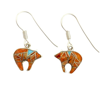 Sterling Silver Dangle Bear Earrings- Spiny Oyster & Opal Inlay