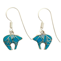 Sterling Silver Dangle Bear Earrings-Turquoise & Opal Inlay
