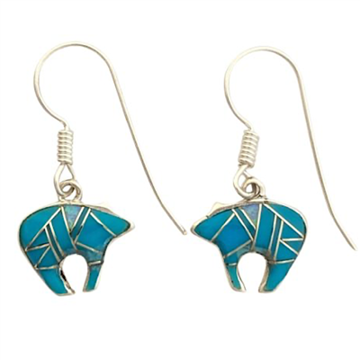 Sterling Silver Dangle Bear Earrings-Turquoise & Opal Inlay