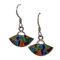 Sterling Silver & Multi Stone  Inlay Drop Earrings- Petite Fan