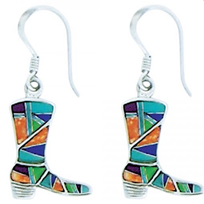 Sterling Silver Earrings- Multi Stone Inlay- Cowgirl Boot