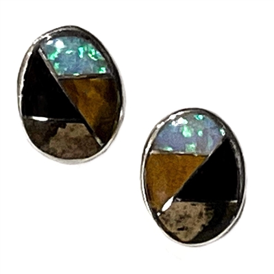 Sterling Silver Post Inlay Earrings- Tiger Eye & Opal