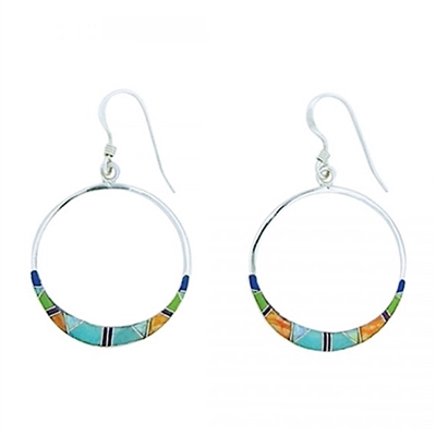 Sterling Silver Multi Stone Inlay Earrings- Tapered Circle