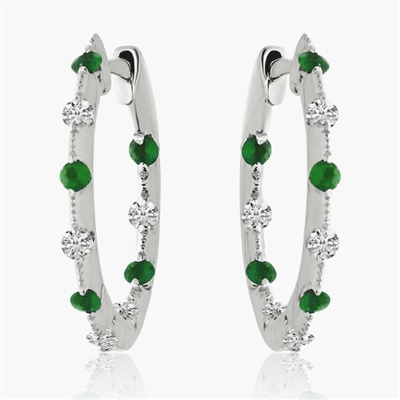 14K White Gold Emerald & Diamond Inside/Outside Hinged Hoop Earrings