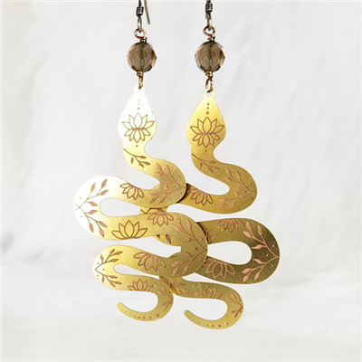 Brass Dangle Earrings- Floral Snakes