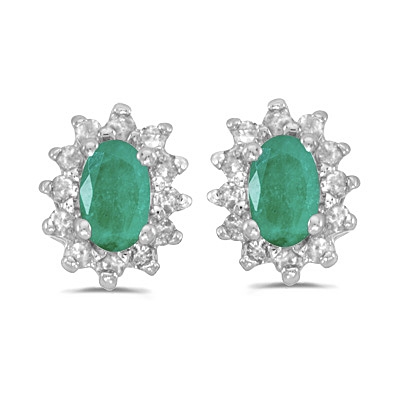 14K White Gold Emerald & Diamond Post Earrings