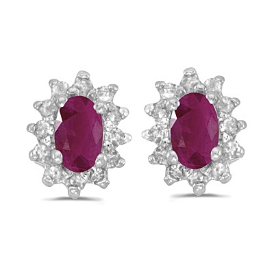 14K White Gold Ruby & Diamond Post Earrings