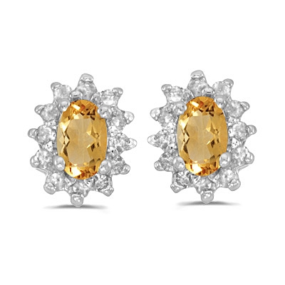 14K White Gold Citrine & Diamond Post Earrings