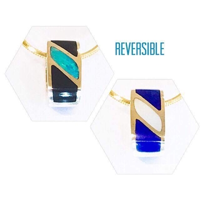 14k Gold Pendant/Slide-Australian Opal & Black Jade reverses to Lapis & Mother of Pearl