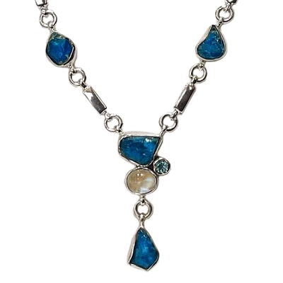 Sterling Silver Y Necklace- Neon Blue Apatite
