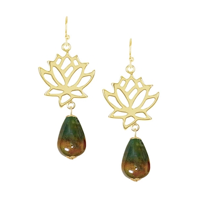 Lotus Drop Earrings- Jasper- Gold Filled