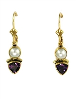 14k Gold Leverback Earrings- Amethyst & Pearl