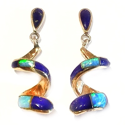 Bronze Post Dangle Earrings- Lapis & Opal Inlay