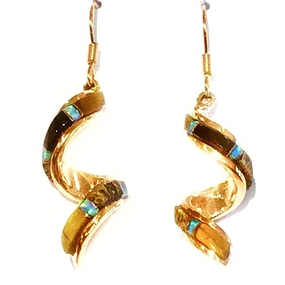 Bronze Dangle Earrings- Tiger Eye & Opal Inlay