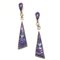 Bronze Post Dangle Earrings- Lapis & Opal Inlay