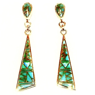 Bronze Post Dangle Earrings- Turquoise & Opal Inlay