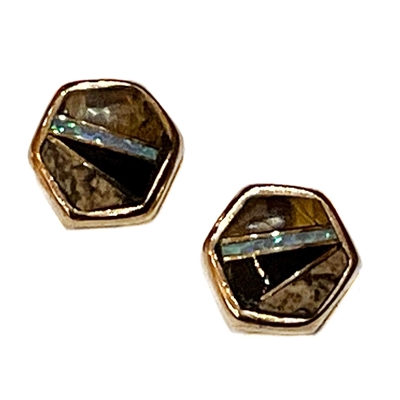 Bronze Post Earrings- Tiger Eye & Opal Inlay