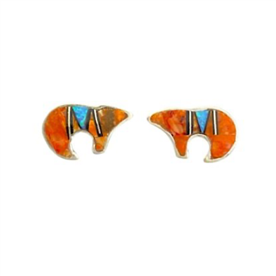 Sterling Silver Post Earrings- Zuni Bear-Spiny Oyster