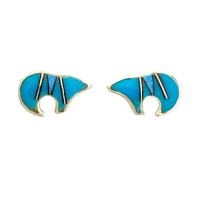 Sterling Silver Post Earrings- Zuni Bear-Turquoise