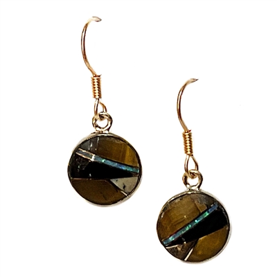 Bronze Dangle Earrings- Tiger Eye & Opal Inlay