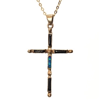 Bronze Cross Pendant/Necklace- Black Onyx & Opal Inlay