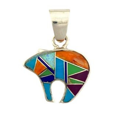 Sterling  Silver Pendant-Zuni Bear- Multi Color