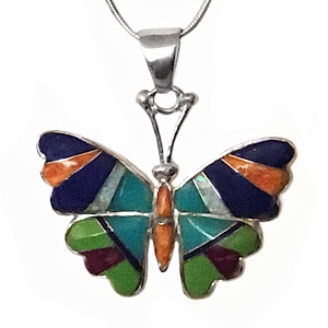 Sterling Silver Butterfly Pendant- Multi Stone Inlay