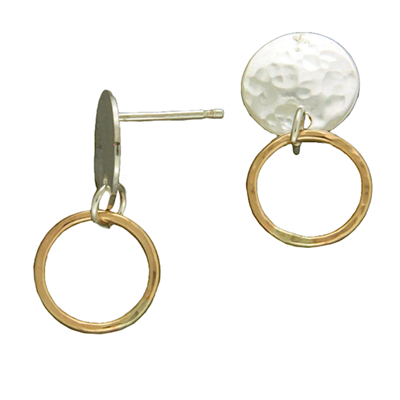2 Toned Post Earring-Hammered Disc with Loop