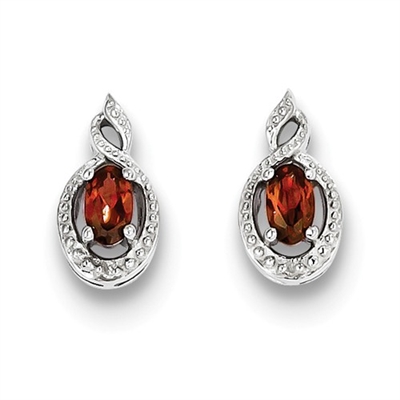 Sterling Silver Garnet & Diamond Post Earrings- January Birthstone